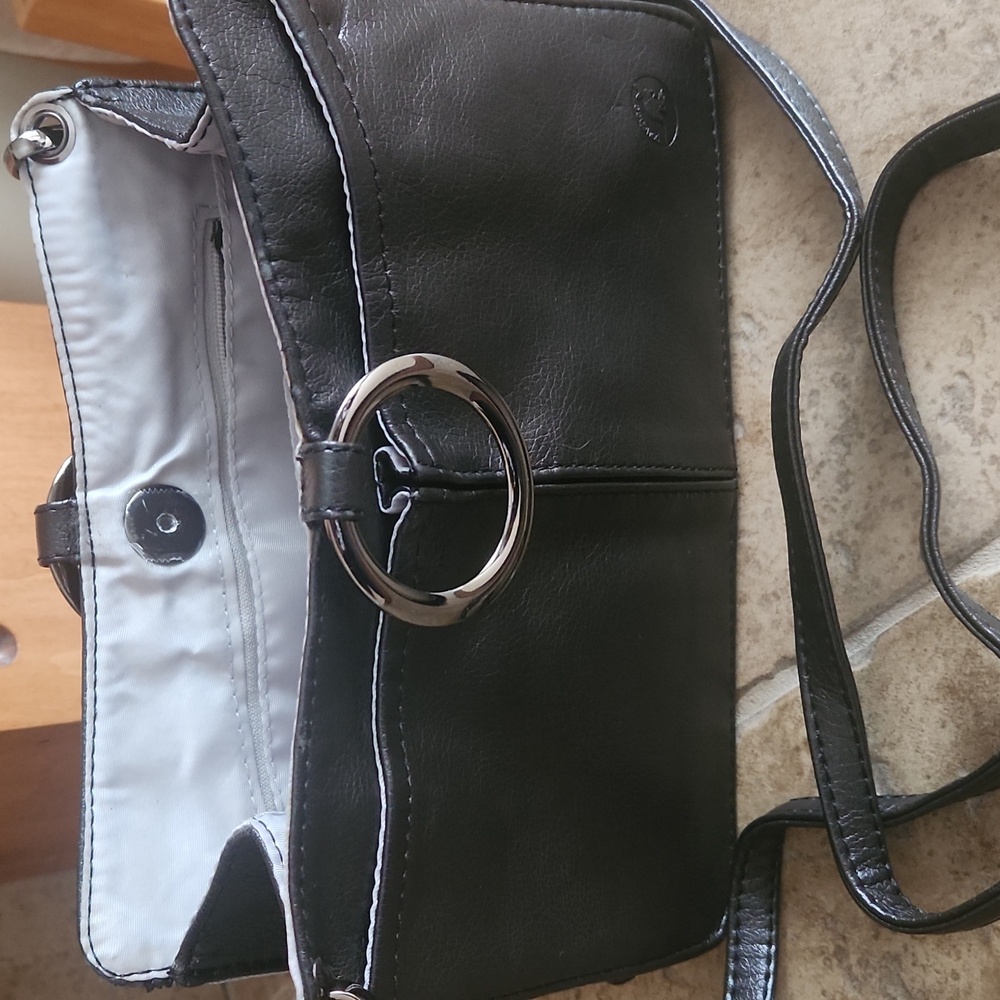 Pouchee Black Women's Crossbody Bag with Silver Ring Accent - Picture 11 of 12